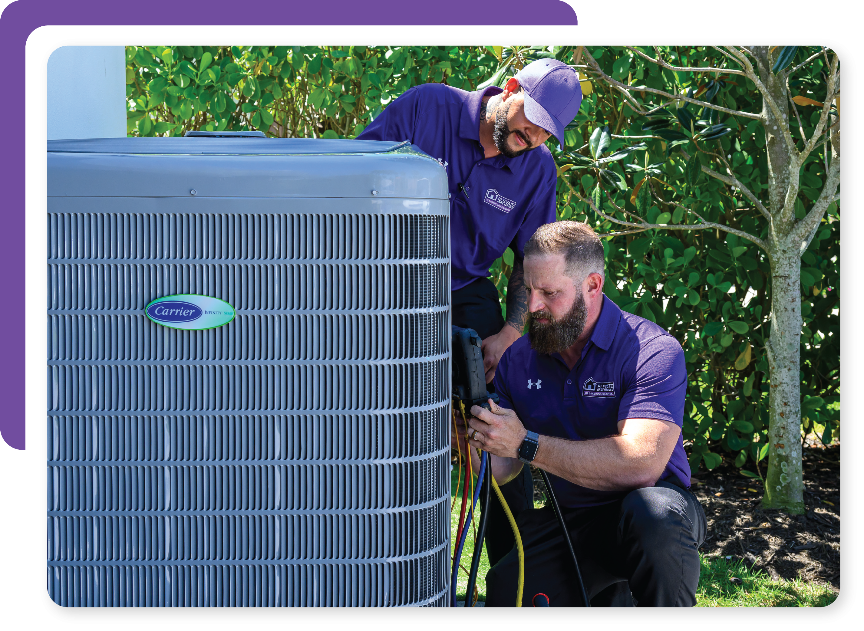 Rounded edge image of two men working on an ac unit